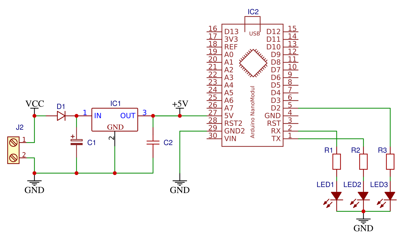 Shema vezave treh LED na krmilnik Arduino Nano.