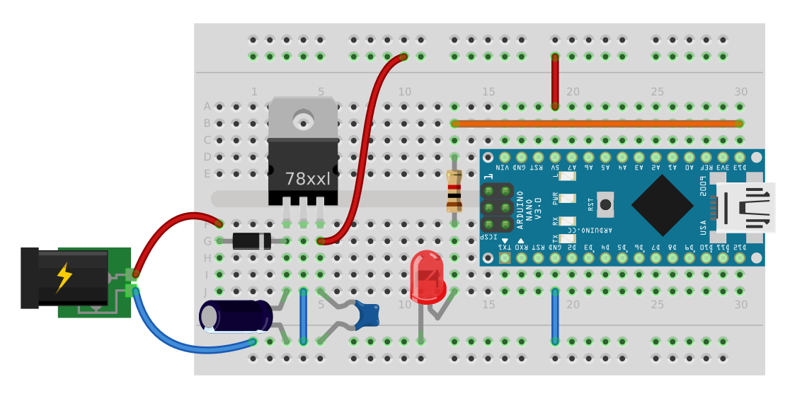 Shema vezave krmilnika Arduino Nano na prototipni ploščici.