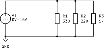 Vezje za primerjavo električnih tokov skozi tri upore pri enaki napetosti. Upori $R_1=330\,\Omega$, $R_2=220\,\Omega$ in $R_3=1\,\mathrm{k}\Omega$ so vzporedno priključeni na nastavljivi napetostni vir od $0\,\mathrm{V}$ do $15\,\mathrm{V}$.