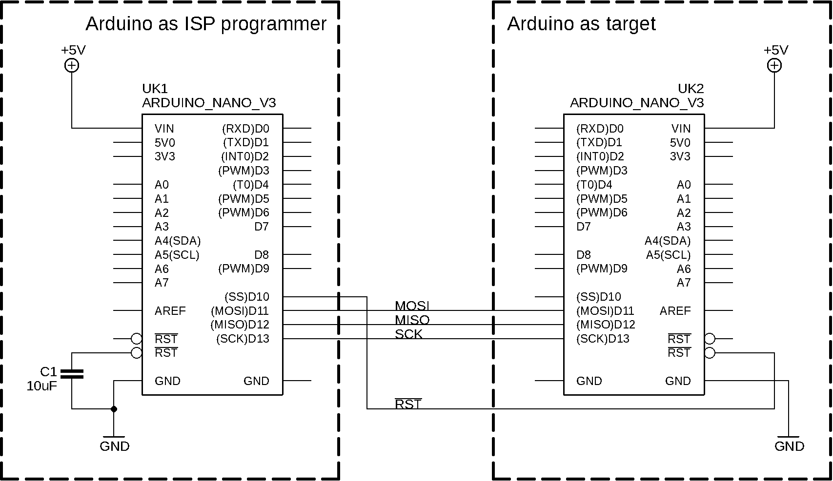 Shema povezave krmilnika Arduino nano kot programator s krmilnikom Arduino nano kot ciljno vezje.