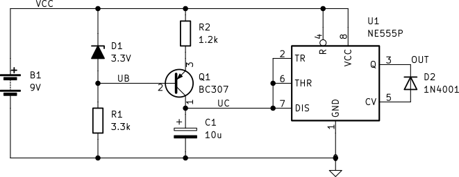 Shema tokovnega vira s PNP tranzistorjem in praznenje kondenzatorja z NE555.