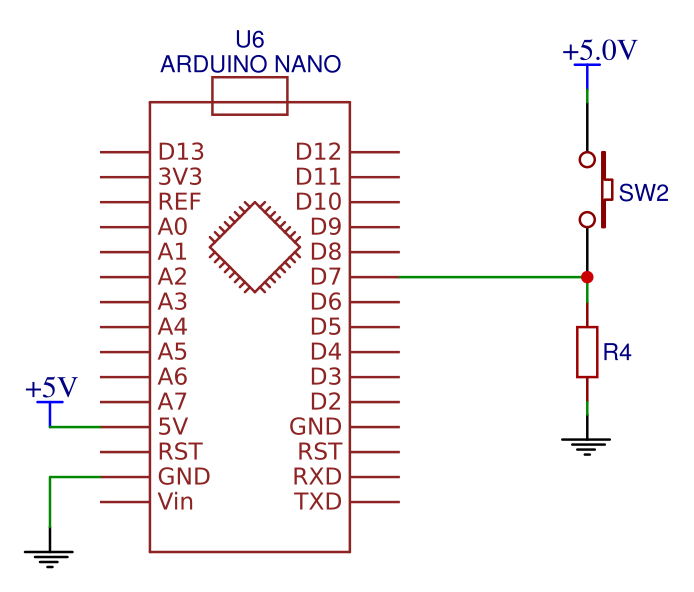 Vezava tipke na digitalni vhod krmilnika Arduino.