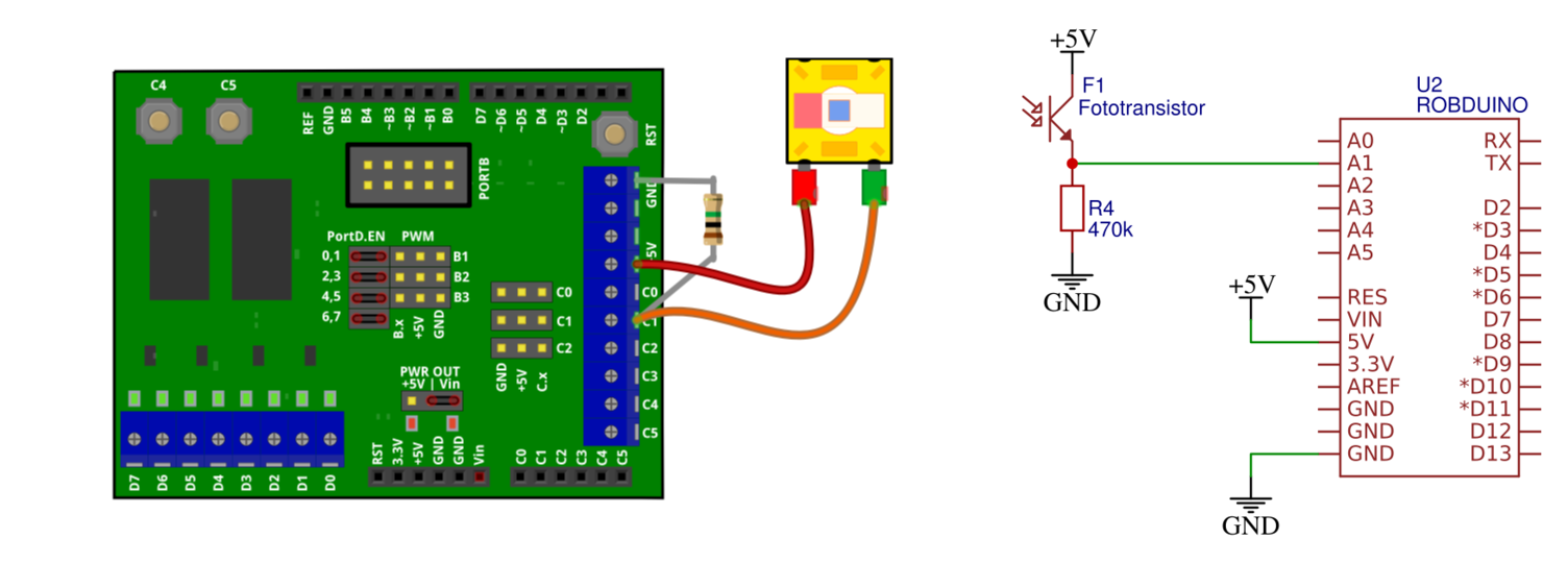 Priključitev foto-tranzistorja kot svetlobni senzor.