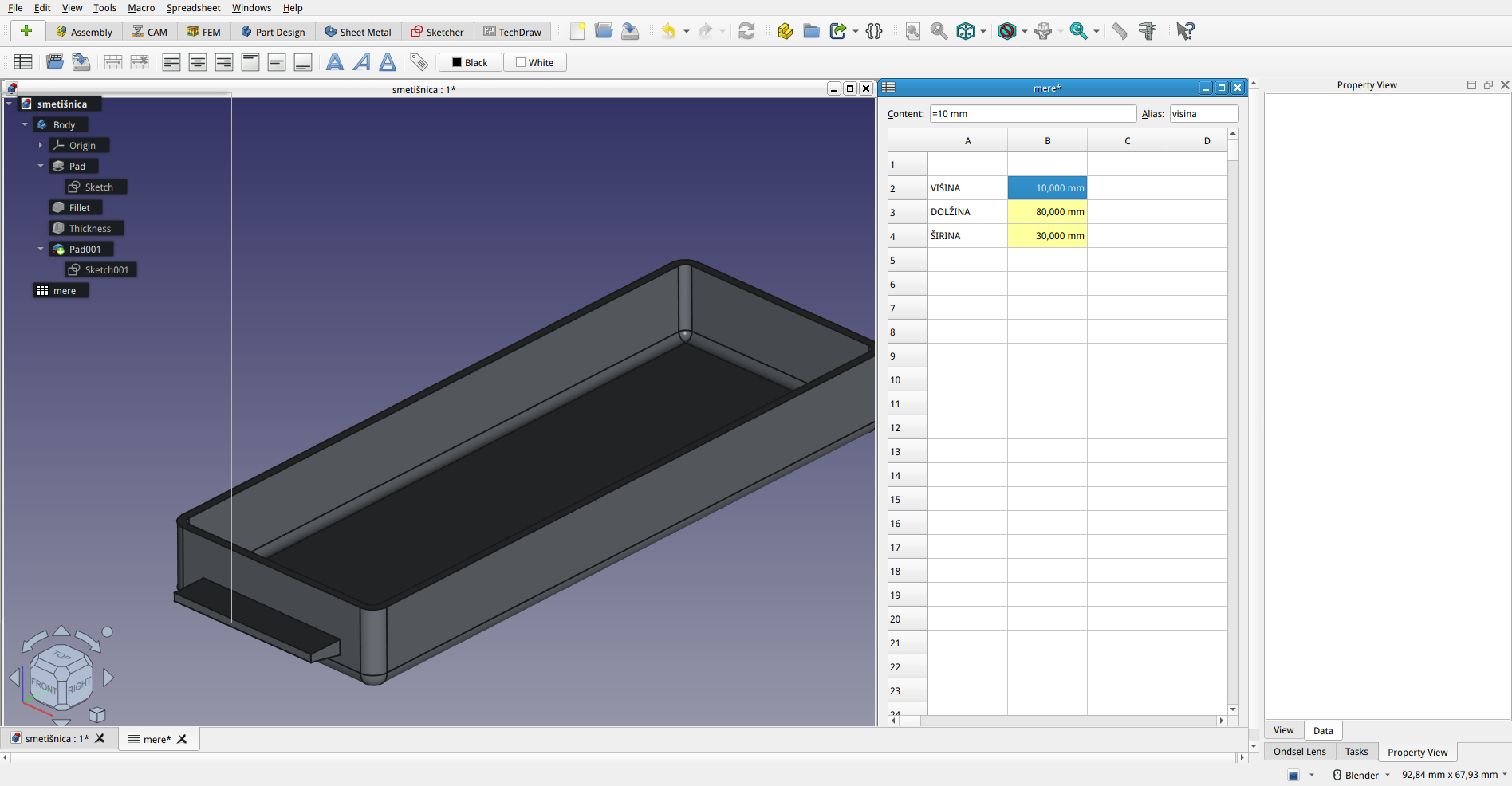 Primer škatljice z dimenzijami 10 mm x 80 mm x 30 mm.