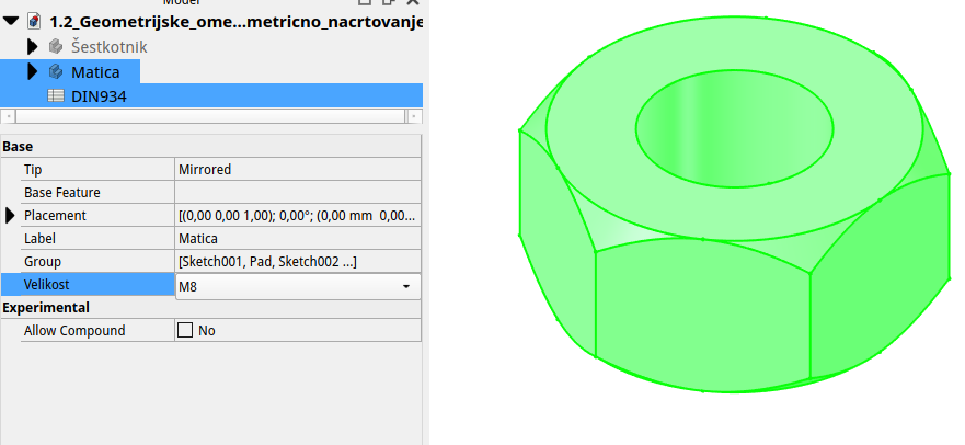 Matica je definirana po ISO standardou DIN 934 in njene dimenzije so shranjene v tabeli.