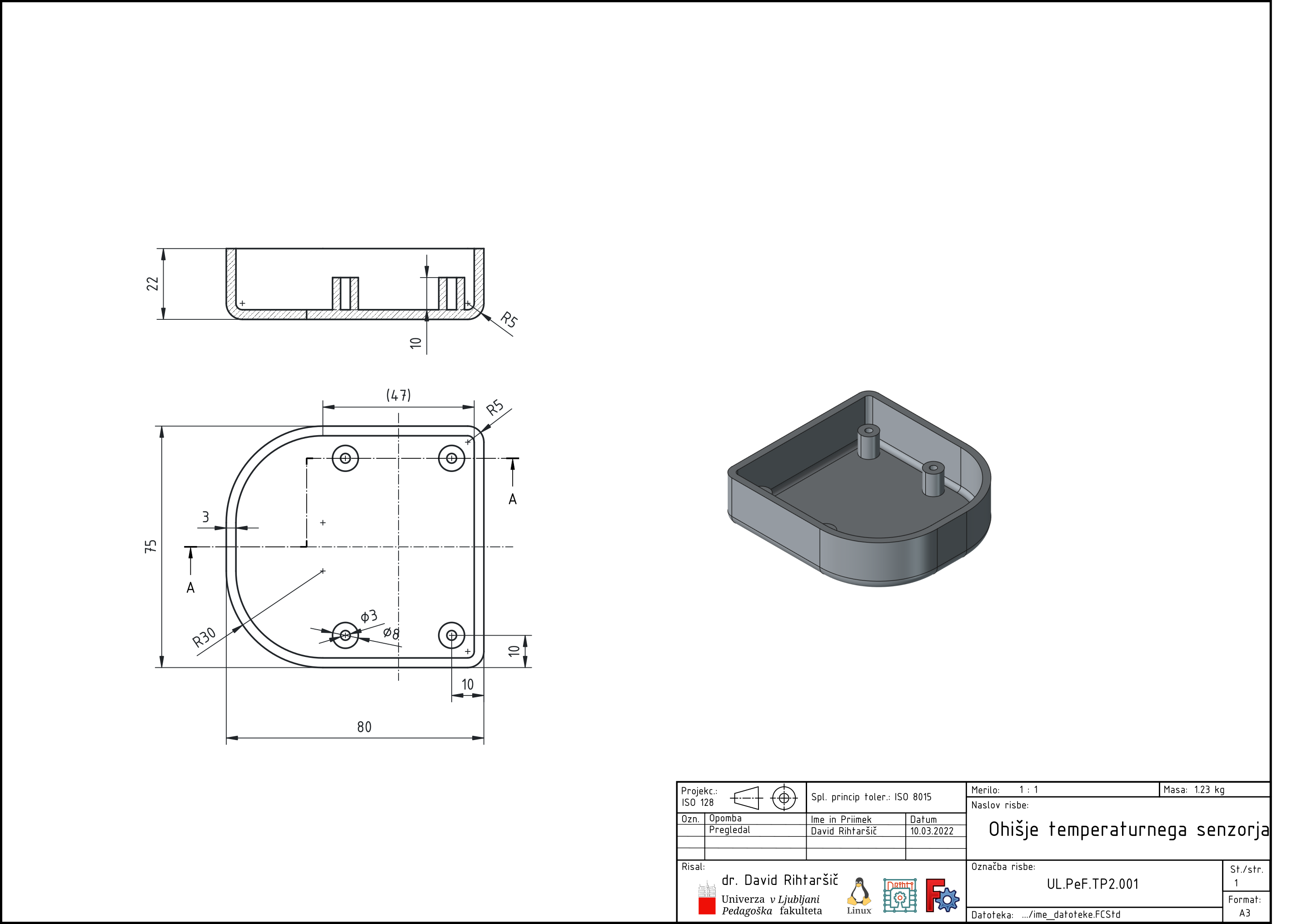 Risba ohišja temperaturnega senzorja.