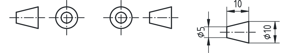 Simbola za prvo kotno projekcijo (levo) in za tretjo kotno projekcijo (na sredini) z dimenzijami (desno).