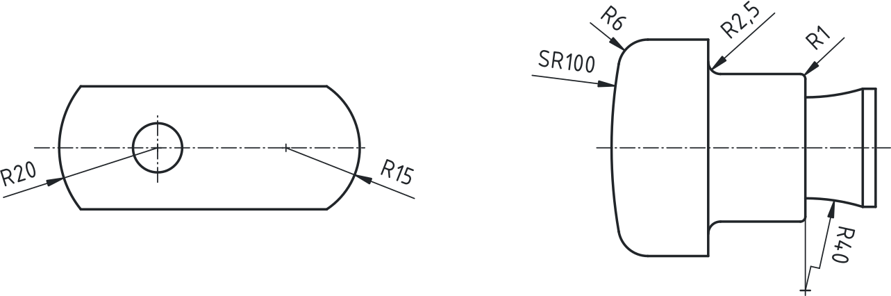 Kotiranje radijev. Levo: osnovni primer kotiranja radija z znanim središčem. Sredina: kotiranje radija z neoznačenim središčem. Desno: primer majhnega in velikega radija na istem kosu.
