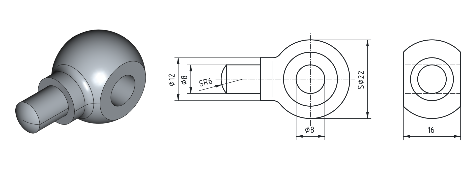 Kroglasti prehod med valjem in kroglo. Prikazana je ločnica med valjastim delom in sferično površino, ki omogoča jasno razumevanje poteka geometrije.