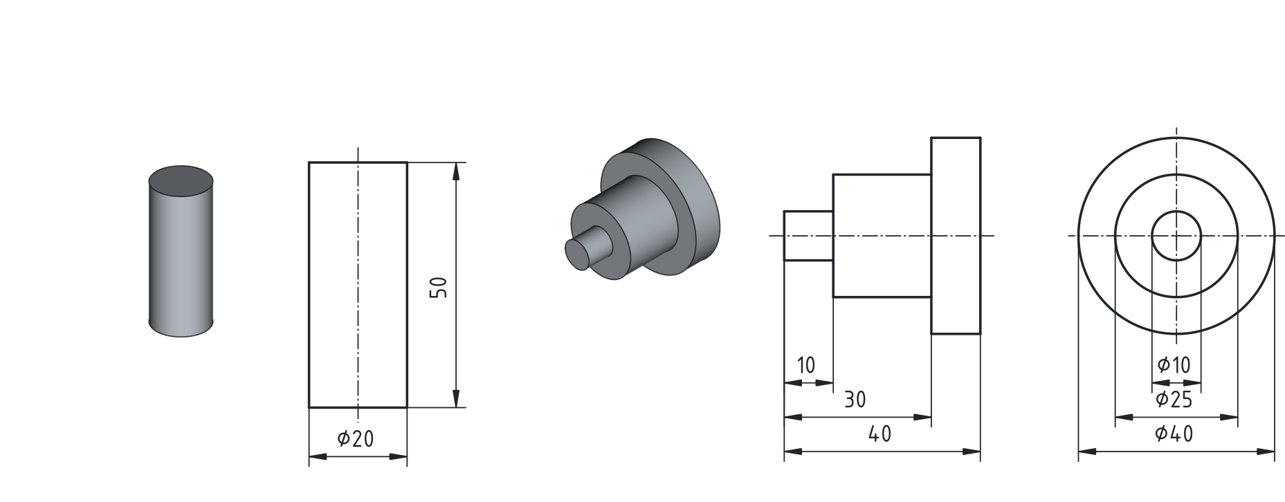 Osnovna načela kotiranja valjastih teles. Levo: osnovni valj z označenima premerom $\varnothing$ in višino. Sredina: stopničasti valj z dolžinskimi merami, razporejenimi od izhodiščne ravnine. Desno: primer več koncentričnih premerov, kotiranih glede na os.
