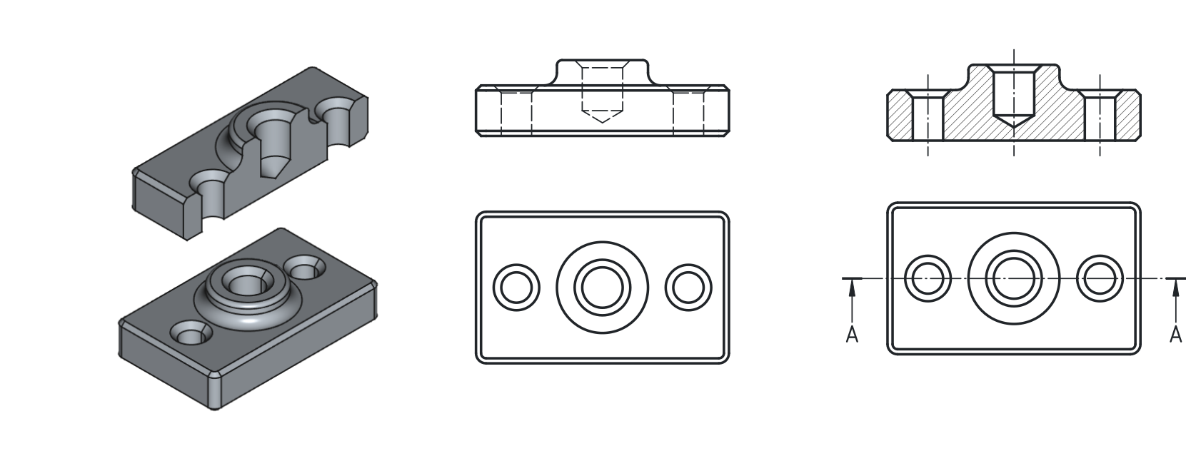 Osnovna načela prereza in označevanja ravnine prereza: levo – predmet brez prereza z omejeno preglednostjo notranjosti; sredina – nepravilen prikaz notranjosti z uporabo nevidnih robov namesto prereza, notranjimi robovi, risanimi s polno črto, ter označeno ravnino prereza A–A s puščicama smeri opazovanja; desno – pravilno izveden prerez s šrafirano prerezano površino.