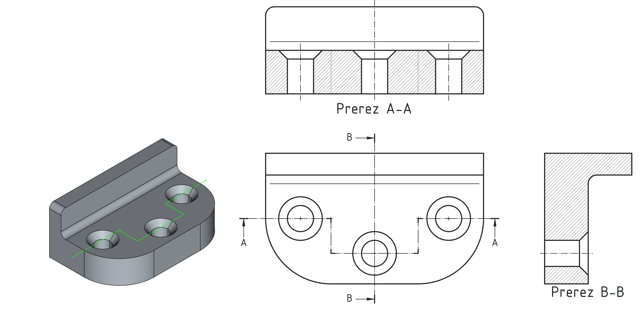Uporaba prerezov v večpogledni projekciji in prerez v več ravninah: levo – slika nosilca v izometrični projekciji z zeleno obarvano črto ravnine prereza; sredina – prerez A-A v več ravninah je uporabljen kot pogled od spodaj; desno – prerez B-B je uporabljen kot stranski ris.