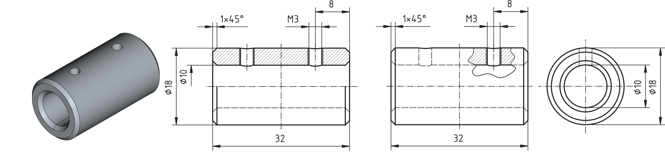 Primerjava vrst prerezov na preprostih strojnih delih: levo – izometrični prikaz spojke gredi; sredina – delni (polovični) prerez osno simetričnega predmeta (ena polovica v prerezu, druga v zunanjem pogledu); desno – delni prerez z valovito mejo.