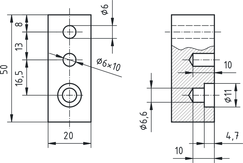 Primer kotiranja prebodne in slepe izvrtine v prerezu (prikaz premera in globine).
