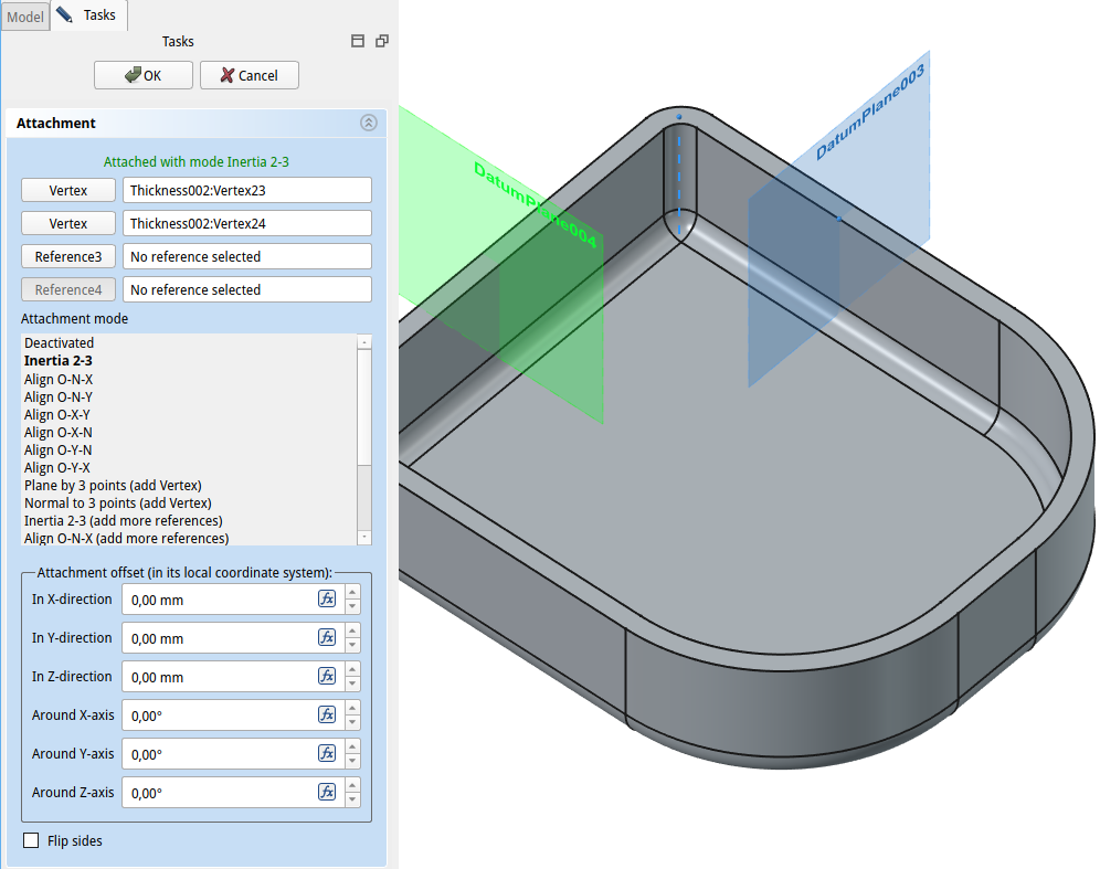 Primer določitve referenčnih točk in njihove soodvisnosti za določitev nove referenčne ravnine DatumPlane004.