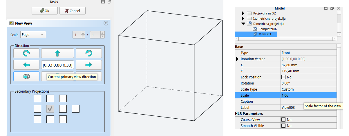 Nastavitev smeri pogleda za dimetrično projekcijo in koeficient povečave zaradi uskladitve dimenzij s standardom.