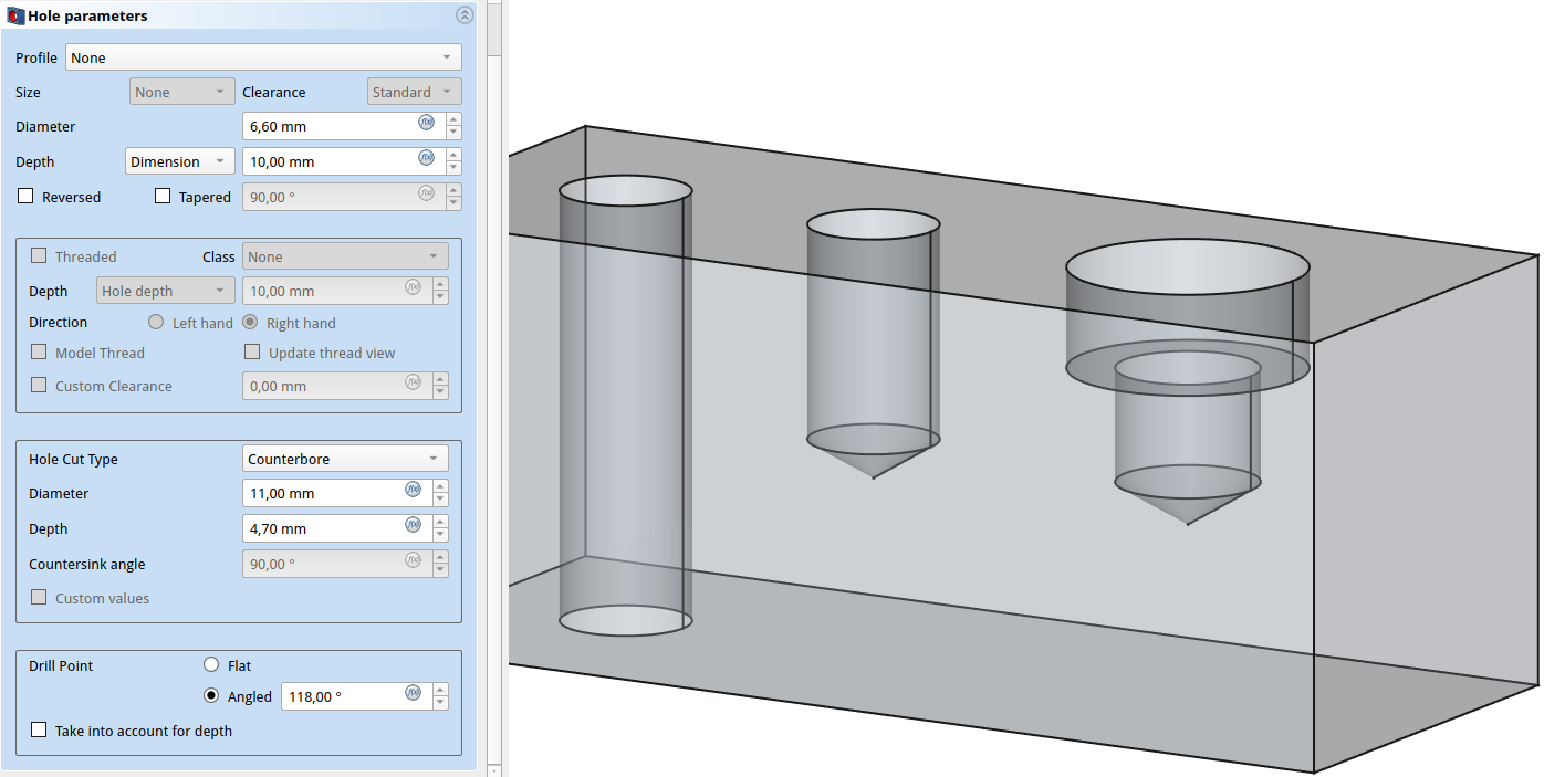 Nastavitveno okno orodja »Hole« v FreeCAD-u z označenimi parametri.