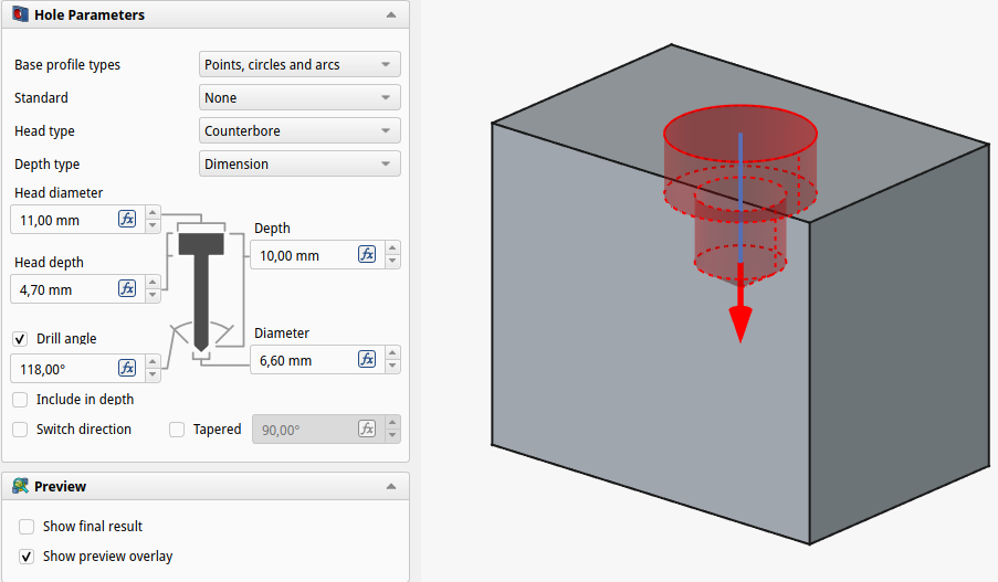 Primer uprabniškega vmesnika orodja Hole v novejši različici FreeCAD orodja.