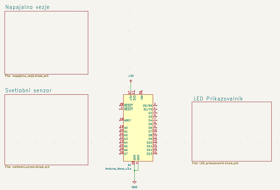 Glavna shema projekta z Arduino Nano in tremi podshemami.