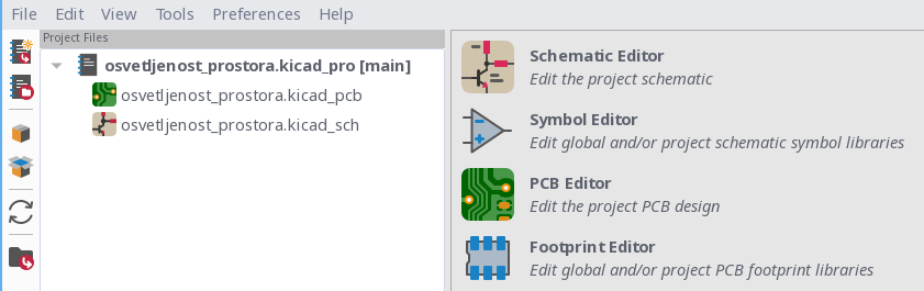 Ustvarjanje novega projekta v programu KiCad.