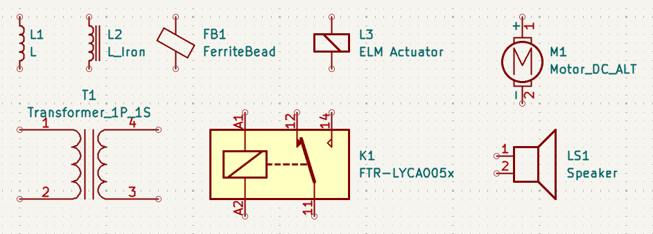 Primer simbolov tuljav, elektromagneta, releja in transformatorja.