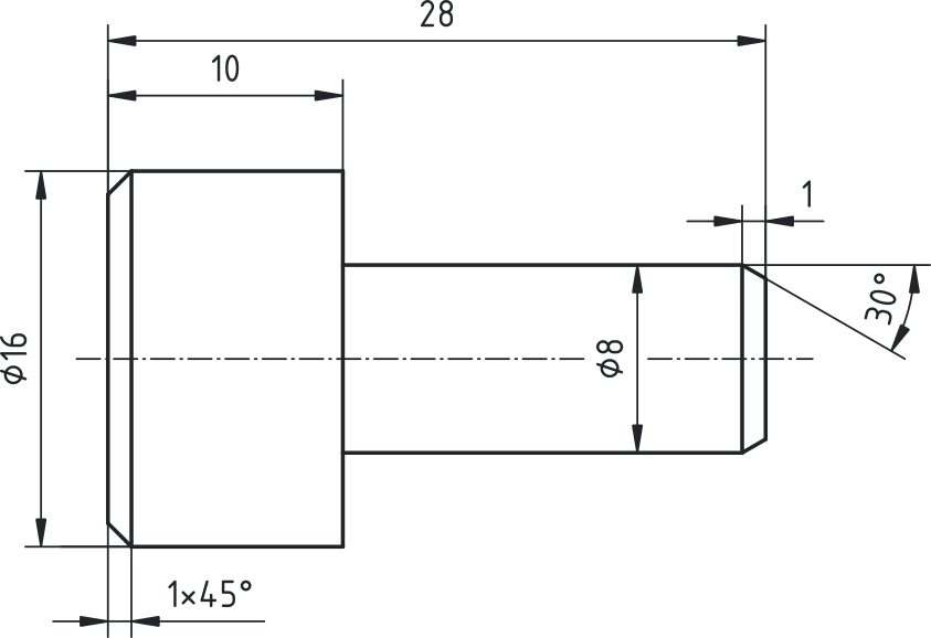 Kotiranje posnetja robu pod kotom 45° in kotiranje posnetja z dvema kotama (dolžina posnetja in kot posnetja) za 30° posnetje.
