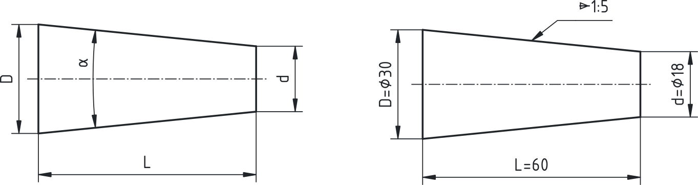 Konus z označenimi merami D, d in L in predstavitev zoženja konusa z razmerjem 1:x.