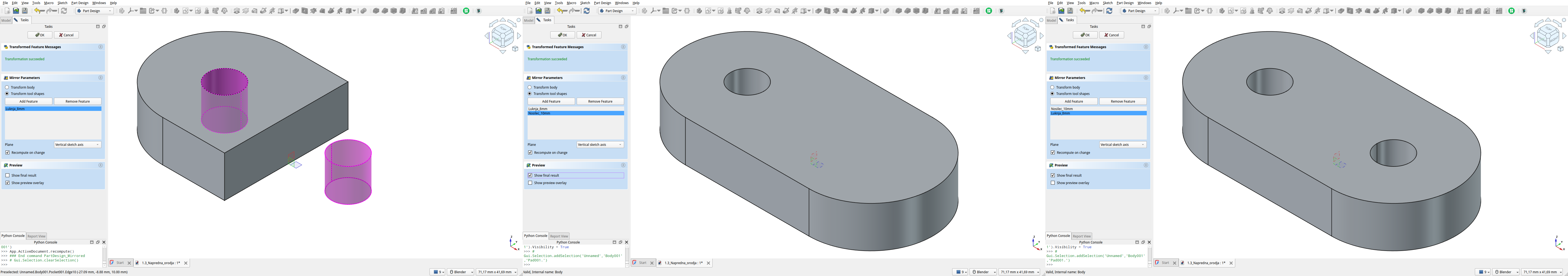 Primeri napačne in pravilne (desni primer) razporeditve operacij pri zrcaljenju več njih.