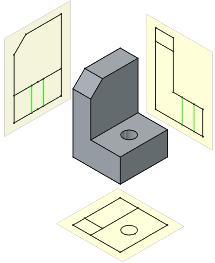 Projekcija 3D modela po principu prve kotne projkcije.