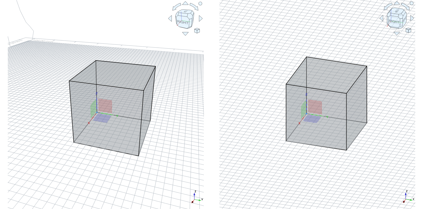 Primer projekcije kocke v perspektivni in pravokotni projekciji.
