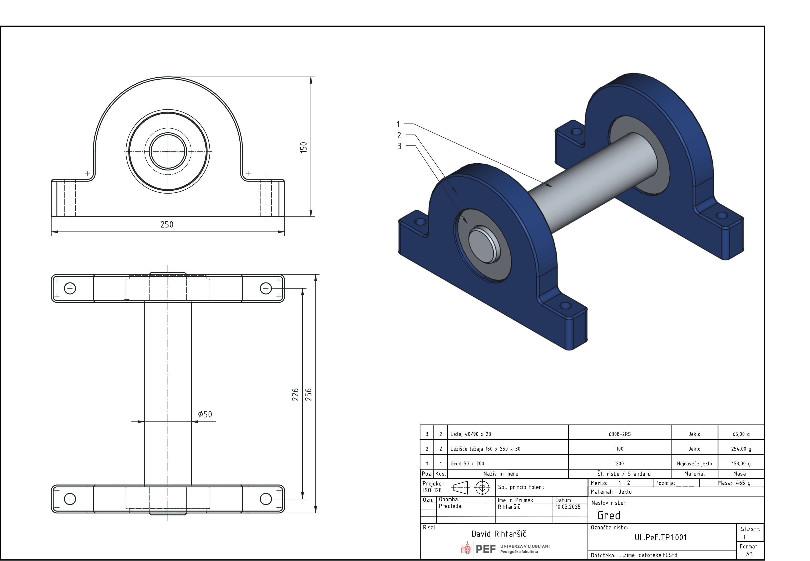 Celoten sestav – dve ležišči, dva ležaja 6308 in gred v sestavljenem stanju.