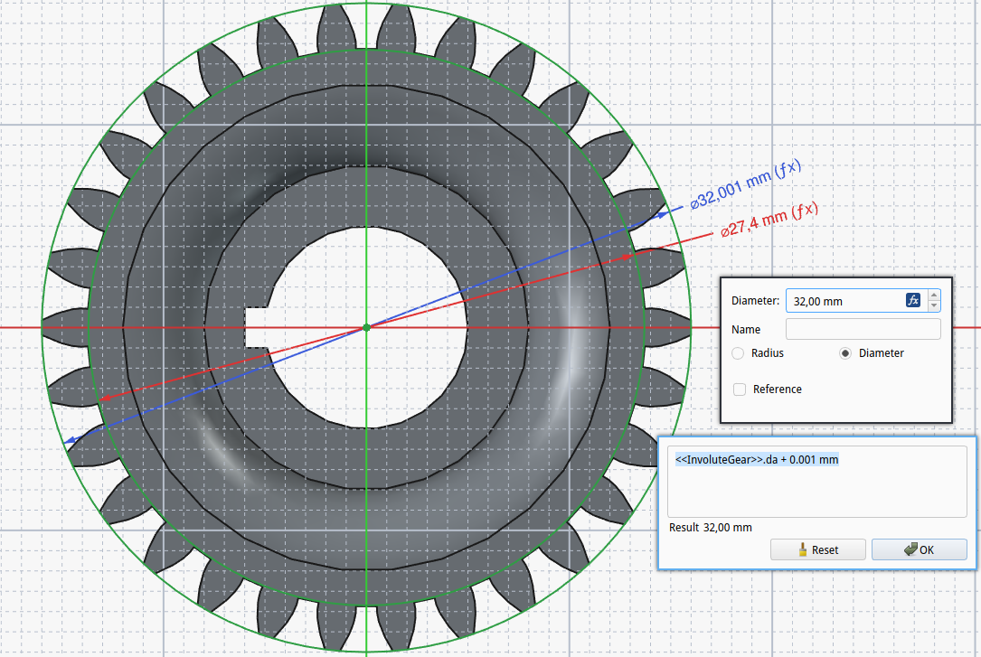 Risanje skice kolobarja, kjer uporabimo mere načrtovanega zobnika.