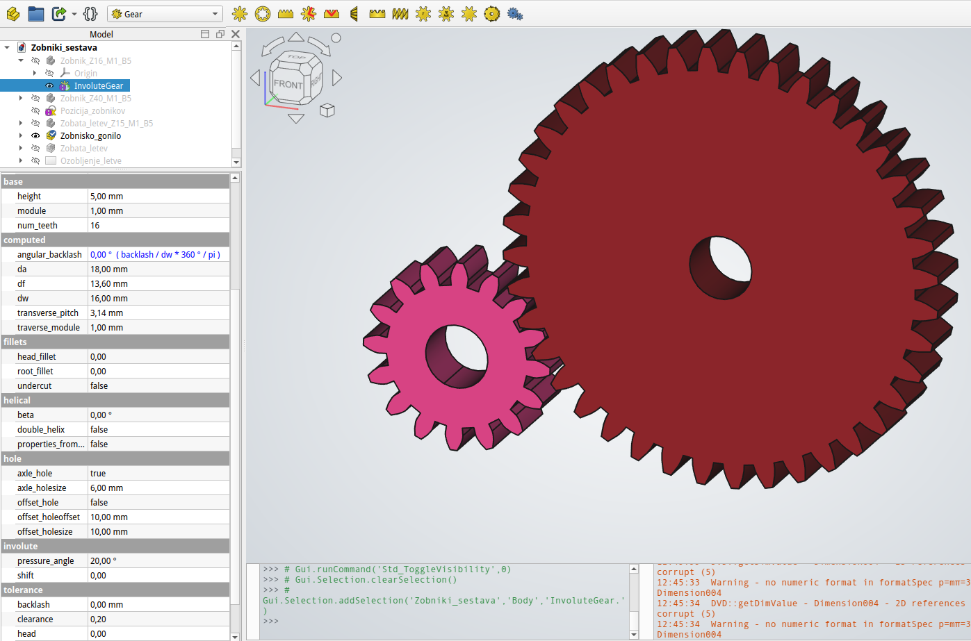 Nastavitve zobnika v FreeCAD Gear WB.