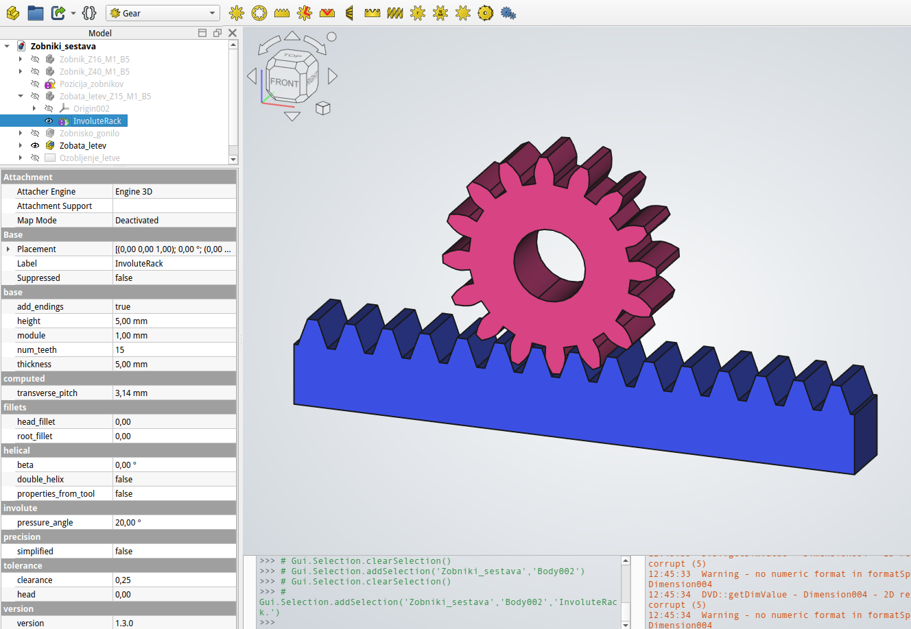 Zobniška dvojica zobnika in zobate letva, pri kateri smo upoštevali medosno razdaljo tako, da se delilni krog ujema z delilno črto.