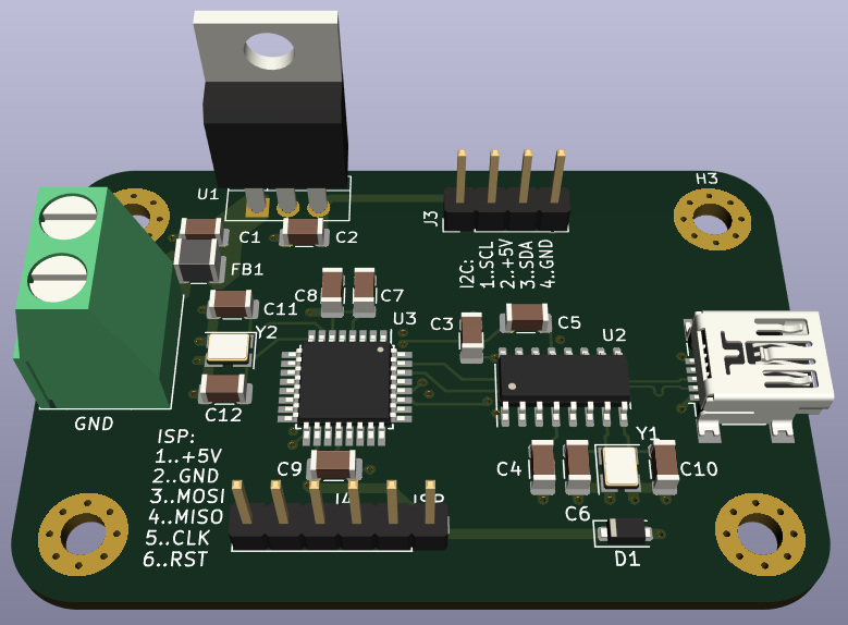 3D prikaz elektronskega vezja v programu KiCad.