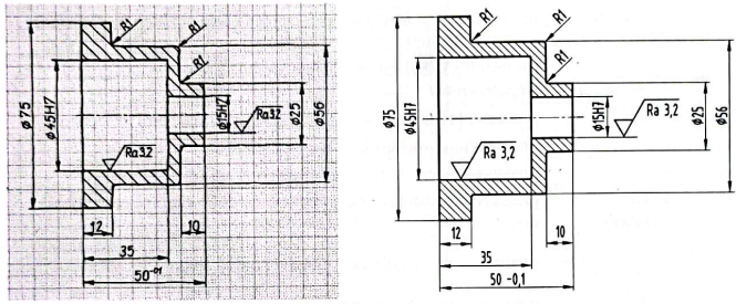 Skica (levo) in risba (desno) prirobe (vir: Prebil & Zupan, *Tehniška dokumentacija*, str. 18).